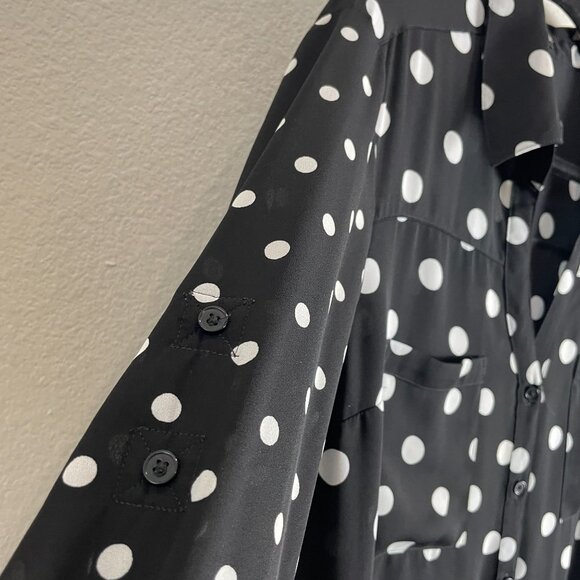 Express Womens XL Black White Polka Dot Button Up Roll Tab Sleeve Blouse - Picture 6 of 10